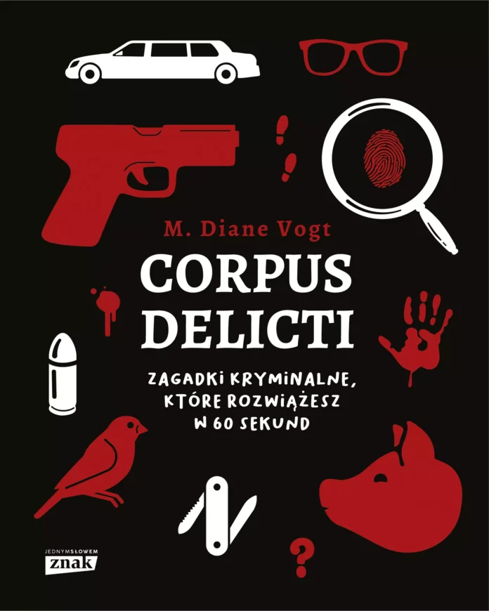 Tytuł Corpus Delicti. Zagadki kryminalne, które rozwiążesz w 60 sekund na czarnym tle, otoczony różnymi ikonami