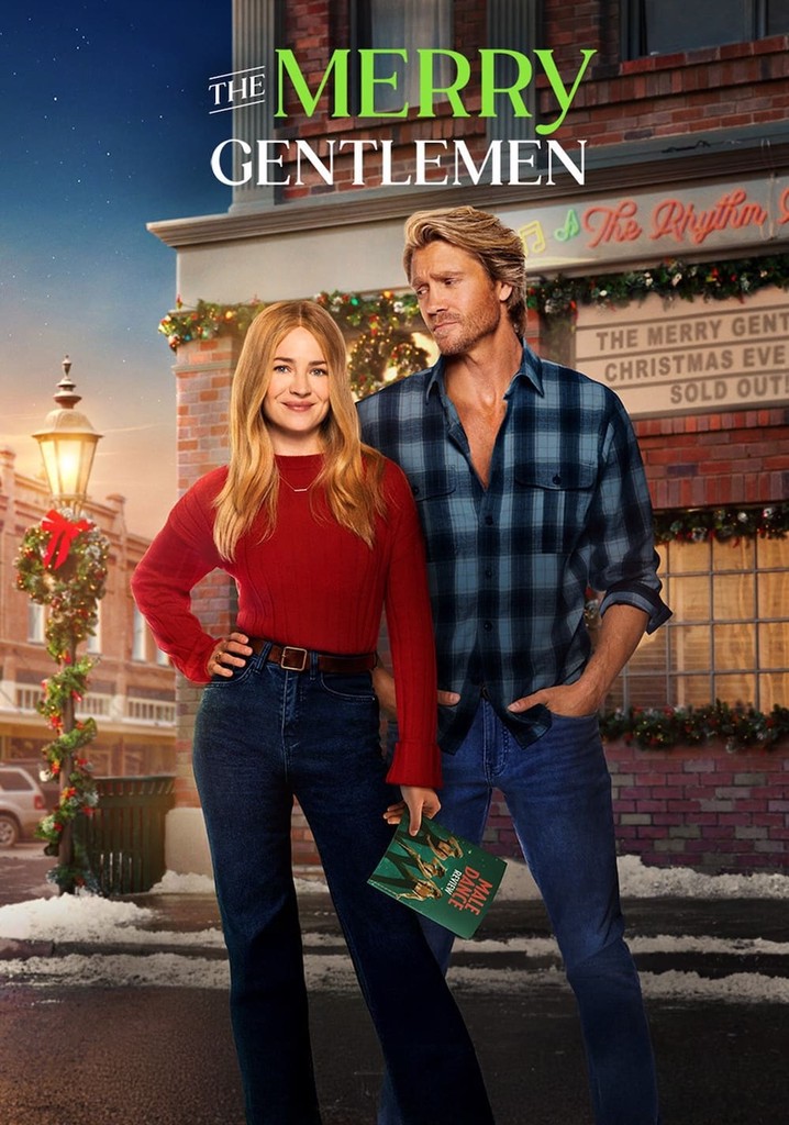 Świąteczni dżentelmeni Dwójka ludzi - mężczyzna i kobieta - stojący przed budynkiem. Wszystko w świątecznym klimacie. U góry tytuł - Świąteczni dżentelmeni