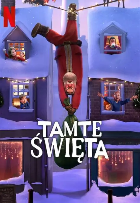 Tamte święta animowana okładka. Święty Mikołaj zwisający głową w dół, pod nim tytuł - Tamte święta